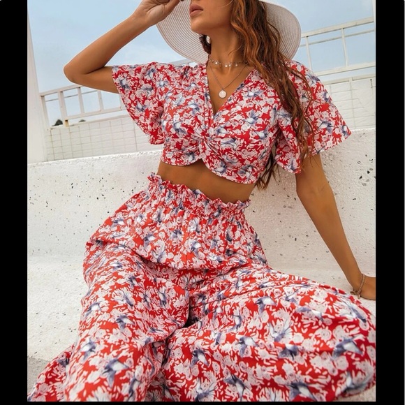 Boho Floral Print Twist Front Top Butterfly Sleeve Wide Flare Leg palazzo Pants - Picture 4 of 10